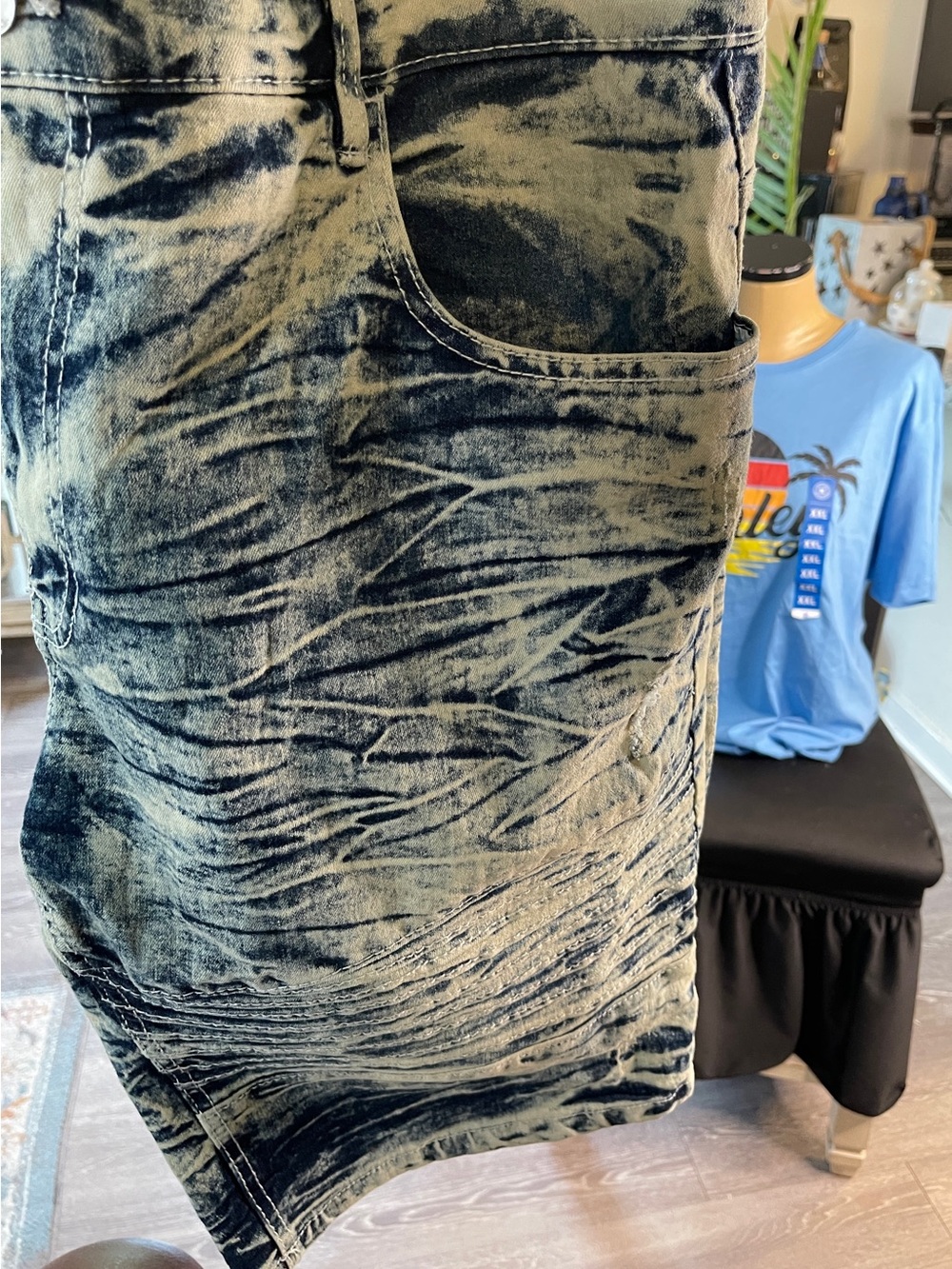 Essentials Men's Acid Wash Blue and Tan Jean Shorts